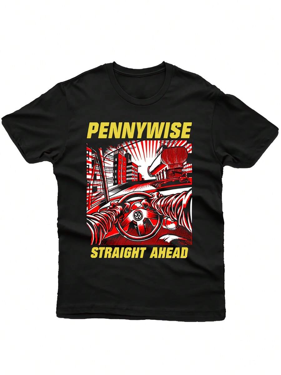 Camiseta Oversize Estilo Punk con Diseño " Straight Ahead" | Letras Amarillas y Cara de Roja, Camiseta Casual Unisex Transpirable, Ideal para Gimnasio, Fiestas y Ropa Casu - Negro - Ver 1