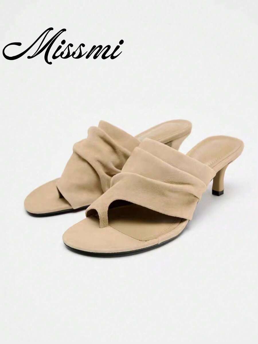 Giày sandal nữ mùa hè mới, màu be da lộn, mũi tròn, gót cao mảnh, gót nhọn. - màu nâu - Xem 1