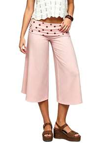 Women 's Fold Over Lounge Capris Wide Leg Low Rise Cropped Gaucho Pants Solid Color Flowy Pajama Bottom - 淺粉色 - 查看 4