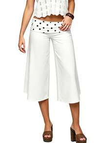 Women 's Fold Over Lounge Capris Wide Leg Low Rise Cropped Gaucho Pants Solid Color Flowy Pajama Bottom - Màu trắng chấm bi - Xem 2