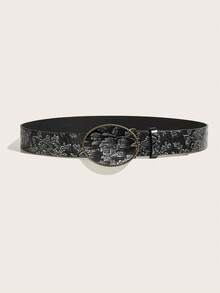 1pc Women's Vintage Round Buckle Black & Grey Belt Suitable For Daily Use - Multicolor - View 2