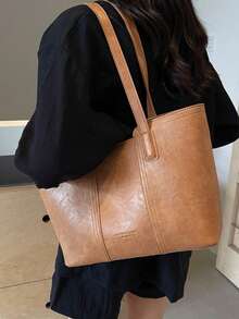 2026春季新款黑色PU復古印字大容量商務通勤女款單肩腋下包 - 黑色 - 查看 8