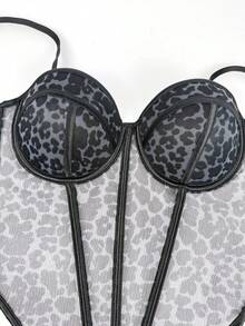 Sujetador sexy con estampado de leopardo y diseño patchwork con tirantes, corsé de malla de encaje transparente de alta calidad con estructura de varillas. - Gris - Ver 4