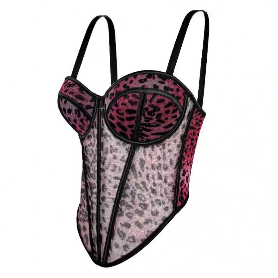 Sexy Leopard Print Patchwork Bra With Straps, High Quality Sheer Lace Mesh Corset With Boning. - 安哥拉紅色 - 查看 1