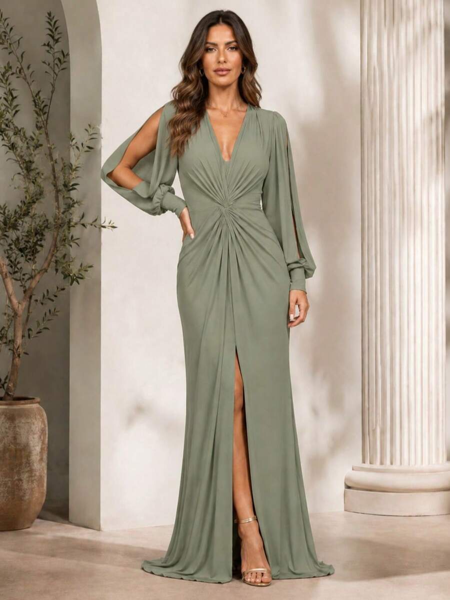 Bridesmaid Dress For Parties, Guests, Receptions, Graduations, Without Glitter, Long Sleeves, Sheer Fabric, And A Slit. - Olive Green - View 1