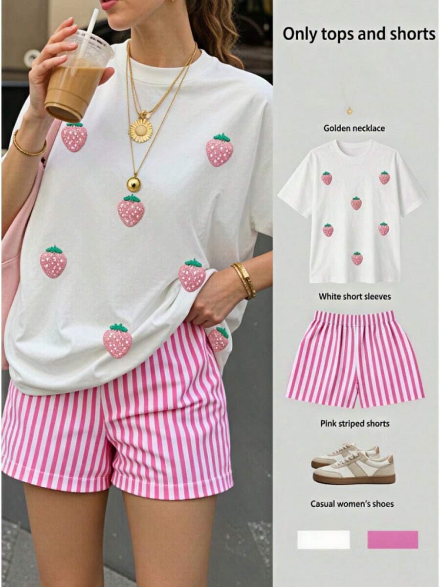 Women Two-Piece Outfits - White T-shirt + Pink Striped Shorts - View 1