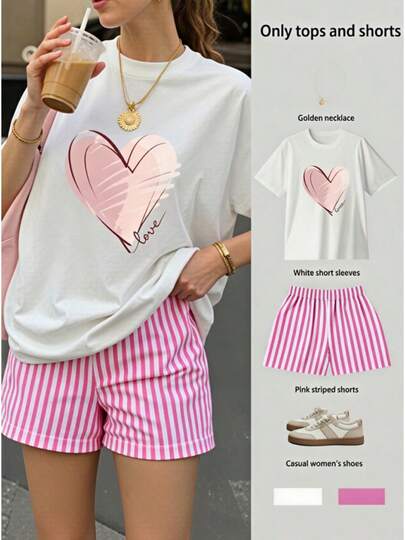 Camiseta+mujer shorts, conjunto transfer corazón rosa pincelado con texto, pantalón rayado informal