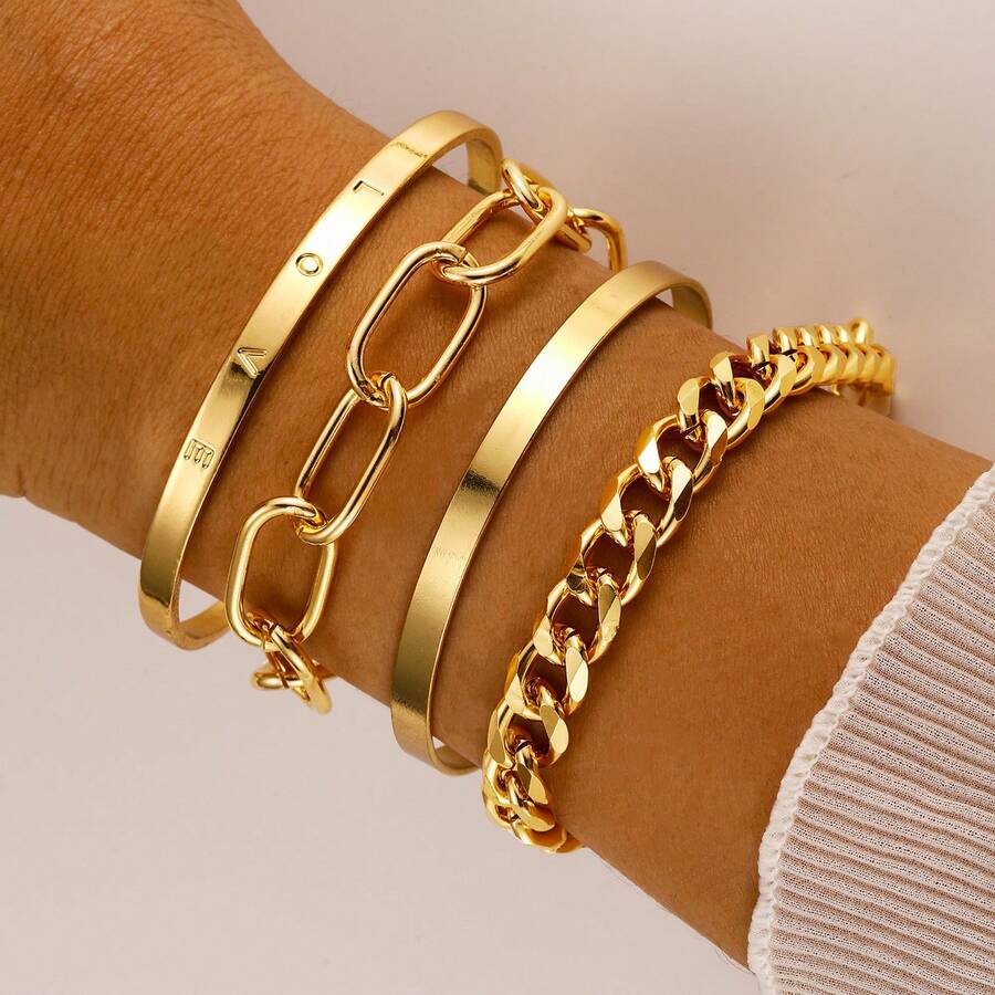 4pcs Bohemian Minimalist Geometric Love Chain Bracelet Set, Lightweight Luxury High-End Style - Yellow Gold - View 1