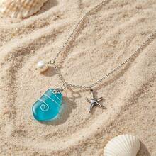 BMOR Handmade Wire Wrapped Blue Sea Glass Pendant Necklace, Bohemian Starfish & Faux Pearl Ocean Necklaces Women, Summer Hawaii Beach Vacation Jewelry Gift - Blue - View 7