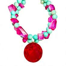 Collar de perlas multicapa para mujer, turquesa, moda, lindo, rosa fucsia, con cuentas de cristal y piedra, colgante de amor, cadena de cuello hecha a mano, joyería - Rosa roja - Ver 12