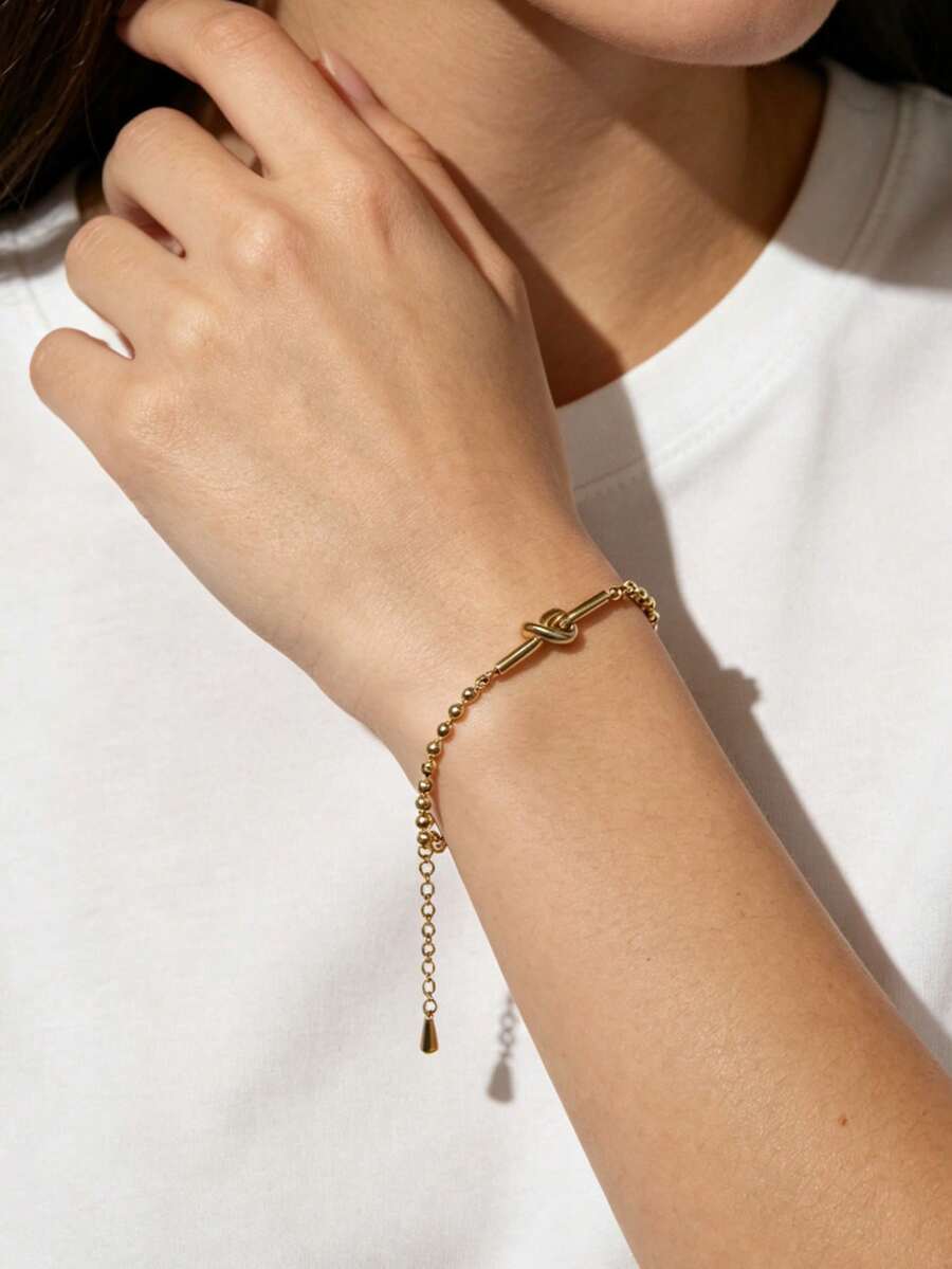 18K,Simple Stackable Beaded Charm Bracelet, Gold Tone With Extension Tail Daily Gift Jewelry - Knotted Bracelet - View 1