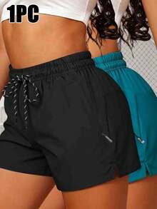 Women's Summer New Sports Shorts, Elastic Waistband With Drawstring, Zipper Pockets Bermuda Shorts Black - Black - View 6