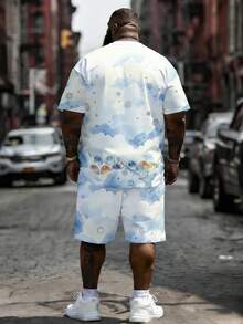 Men's Street Casual Minimalist Series "Dragon & Auspicious Clouds" Pattern Sports Set - Polyester Knit Fabric, Round Neck Design, Drawstring Shorts, Pocket Details, Regular Fit, Suitable For Plus Size - Baby Blue - View 3