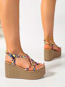 Sandalias de cuña con plataforma y correa trasera, zapatos versátiles de aumento de altura para mujer - Multicolor - Ver 6
