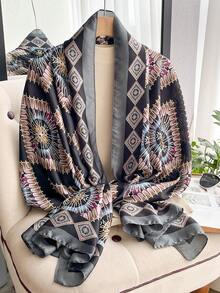 1 Buah Syal Sutra Imitasi Elegan Bermotif Bohemian untuk Wanita, Syal Serbaguna untuk Musim Semi/Panas, Pelindung Matahari untuk Liburan Pantai, Cocok untuk Penggunaan Sehari-hari - Hitam - View 2