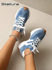 2026 New Retro Suede Sneakers Women, Blue White Casual Lace-Up Trainers, Comfortable Non-Slip Chunky Sole Running Shoes, Aesthetic - Blue - View 6