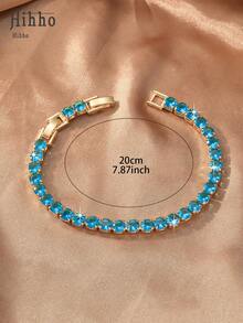 Hihho 1pc Copper Zirconia Stone Decorated Classic Tennis Chain Bracelet, Multiple Sizes Lake Blue Zirconia Inlaid Design Bracelet Available, Simple Versatile Design, Suitable For Women, Suitable For Daily, Bar, Travel Accessories - Lake Blue - View 10