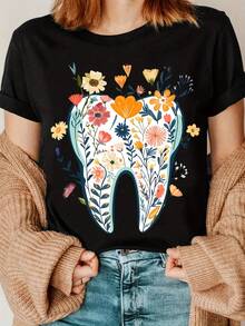 Dental Wildflower Print T-Shirt, Dental Team T-Shirt, Dental Assistant T-Shirt, Dentists Group T-Shirt, Nature Lover T-Shirt - 黑色 - 查看 1
