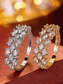 1pc Light Luxury Multi-Row Marquise Zirconia Exquisite Open Ring, Personalized Adjustable Finger Ring, Banquet Hand Jewelry - Open Ring - View 4