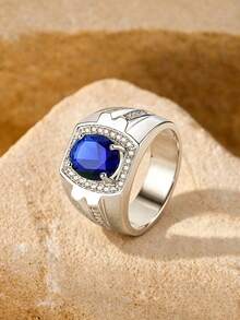 1pc Men's Copper Seal Ring, Oval Blue Cubic Zirconia, Luxury Vintage Personalized Accessory, Suitable For Daily Wear And Gifting - Ring - View 2