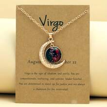 1 Retro Zodiac Moon Pendant Necklace That Glows In The Dark - Vintage Style, Zinc Alloy With Details, Adjustable Chain For Women - Ideal For Everyday Wear And Gifts - 金色處女 - 查看 1