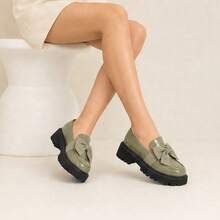 Ladies' Black Patent Leather Thick Sole 4.5cm Round Bow Thick Sole Casual Loafers Casual Fashion Retro Shoes Back To School Season - 綠色 - 查看 2