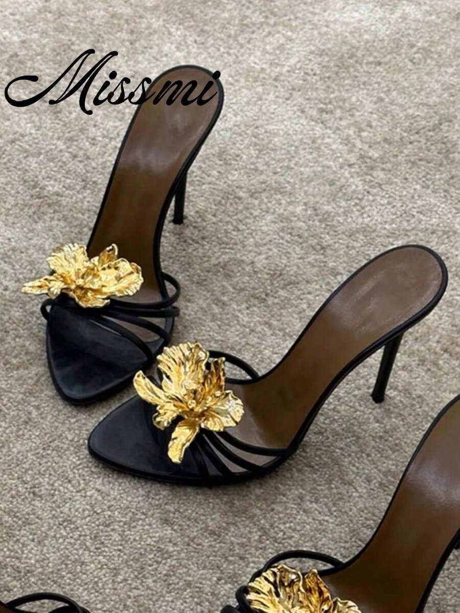 2025 Spring/Summer New Rhinestone Metallic Flower Open Toe Strap Buckle Sandals, Square Toe Banquet High Heels