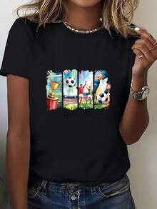 Camiseta Manga Corta Cuello Redondo Mujer estampada, serie ropa ee.uu.-méxico. camiseta cuello redondo estampado trofeo, prenda vibrante energética salidas. ropa fanáticos fútbol, atuendo... - Negro - View 2