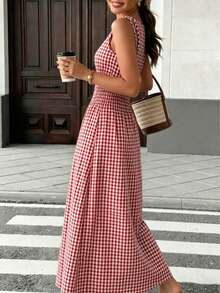 Elegant Women's Plaid Versatile Casual/Vacation/Checkered A-Line Square Neck Midi Dress Summer - Red - View 3