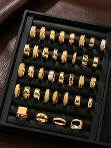 3/6/9/12 piezas Anillos de acero inoxidable dorado premium minimalista para hombres, anillos de regalo de aniversario unisex con detalles múltiples grabados, cepillados, biselados y mate, estilo aleatorio, talla aleatoria - Multicolor - Ver 10