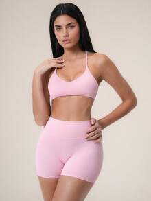 TimeOff 2pcs Women's Fitness Set, Halter V-Neck Y-Back Sports Bra + High Waist V-Stitch Shorts - Pink - View 7