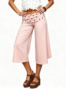 Women 's Fold Over Lounge Capris Wide Leg Low Rise Cropped Gaucho Pants Solid Color Flowy Pajama Bottom - 淺粉色 - 查看 5