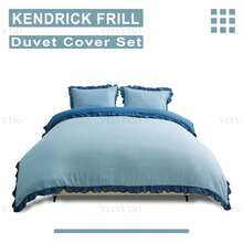 VELVETIO Luxury Kendrick Frill Duvet Cover Set Reversible Bedding Set Soft Smooth Lightweight Microfiber Polyester With Matching Pillow Cases Elegant Ruffle Edge Plain Design Single Double King - Blue/Denim Blue - View 6