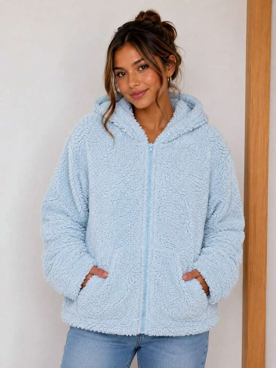 Women's Jacket With Zipper And Hood, Faux Fur Coat - Mint Blue - View 1