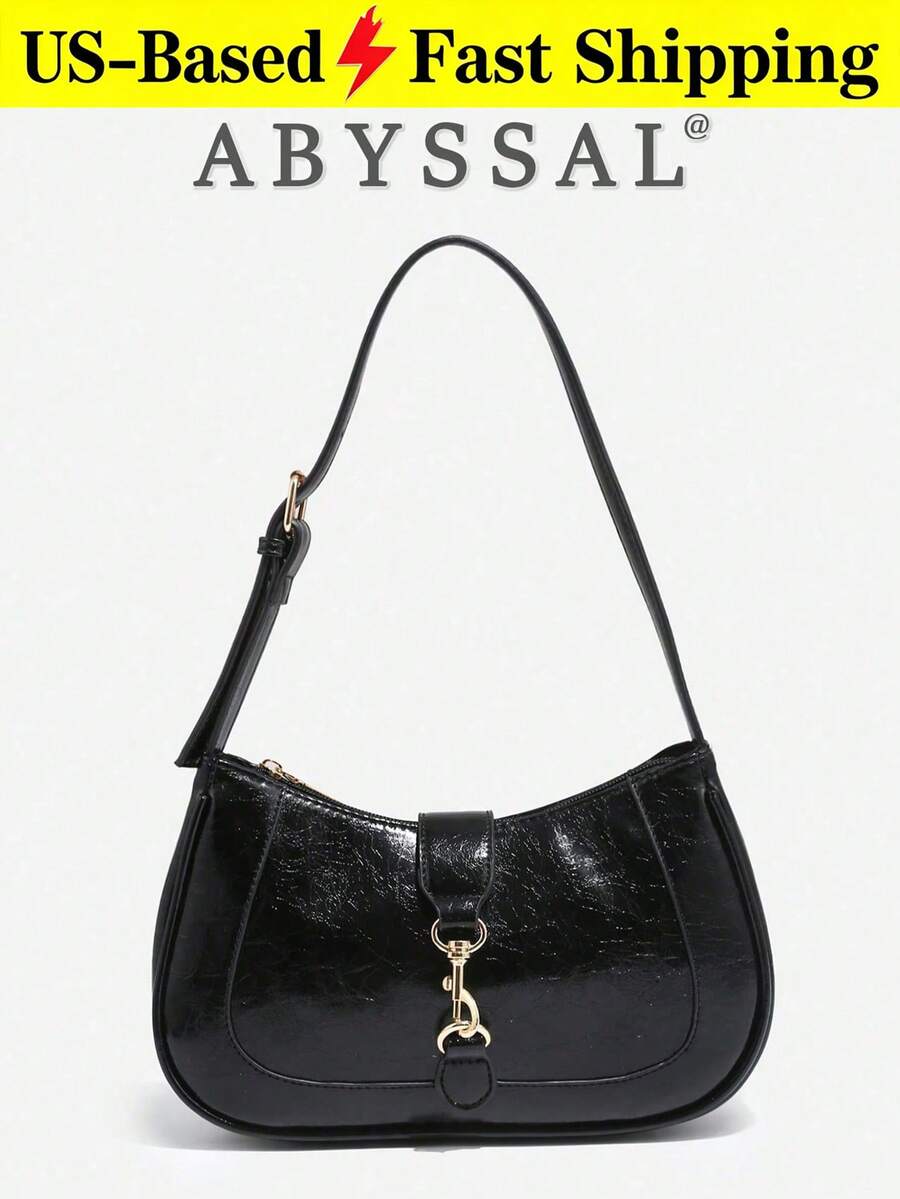 Novachic, 1 pieza de bolso con forma de media luna, ajustable, con correa de hombro y gancho decorativo minimalista retro, ideal para citas, salidas y fiestas. - Negro - Ver 1