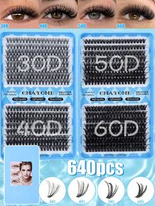 640/592入混裝D捲 10D-100D 黑色合成假睫毛，大號卡通風格包裝盒，耐用，適用於日常、派對、婚禮和節日妝容，含膠水、鑷子、刷子，便攜包裝，適合初學者 - 彩色 - 查看 15