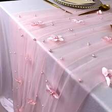 1 Pack Pearl Table Runner With 3D Flowers Boho Rustic Sheer Tulle Fabric Tablecloth Wedding Table Cloths For Bridal Baby Shower Birthday Party Arch Veil Dessert - Pink - View 5