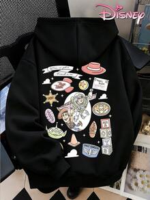 Disney Women's Hooded Sweatshirt, Unisex Sweatshirt, Hand-Painted Graffiti Buzz Woody Toy Story Sweatshirt, Retro Small Item Elements Double-Sided Print. - 黑色 - 查看 2