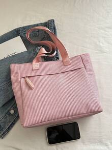 Fashion Versatile Textured Solid Color New Tote Large Bag Casual Minimalist Textured Solid Color Straw Woven Pattern Commute Vacation Shoulder Large Bag - Baby Pink - View 7