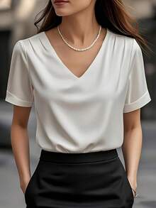 1 pieza Blusa de mujer de unicolor de satén con cuello en V y manga corta, elegante y de moda, adecuada para verano, uso diario, oficina, citas, primavera/verano casual en color blanco - Blanco - Ver 6