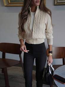 Women's Elegant High Neck Cable Knit Zipper Cardigan Sweater, Slim Fit Solid Color Long Sleeve Knit Top, Textured Commuter Casual Style Fall - Apricot - View 7