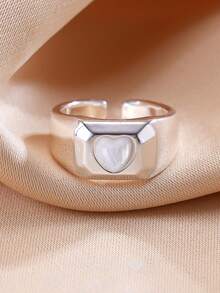 1pc Minimalist Wide Band Heart Mother Of Pearl Open Ring, Asymmetric Polished Adjustable Index Finger Ring For Women Daily Dating Jewelry Gift - Heart-shaped Ring - View 8