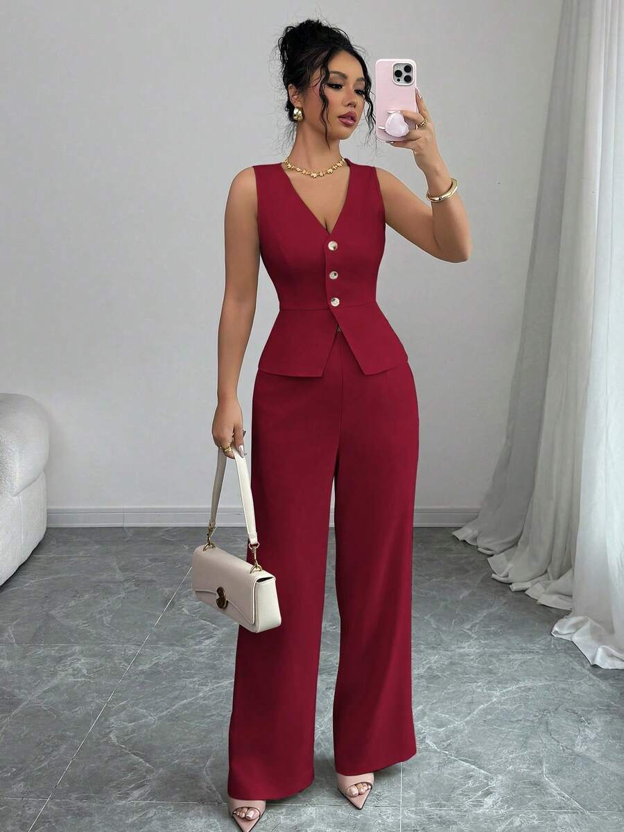 Conjunto de top sin mangas y pantalones elegantes para mujeres, estilo de oficinista, atuendo de otoño para maestras - Burdeos 2 - Ver 1