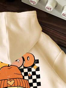 Young Girl Cartoon Print Warm Hooded Sweatshirt - Apricot - View 3