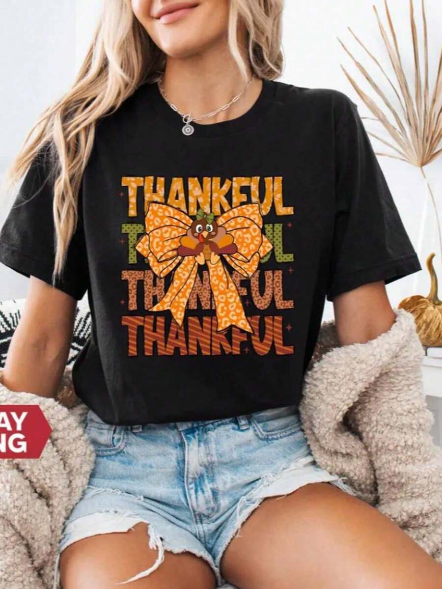 Cute Thank You T-Shirt, Gratitude T-Shirt, Autumn Sweatshirt, Fall Season T-Shirt, Thanksgiving T-Shirt, Warm Seasonal Sweater - Black001 - 查看 1