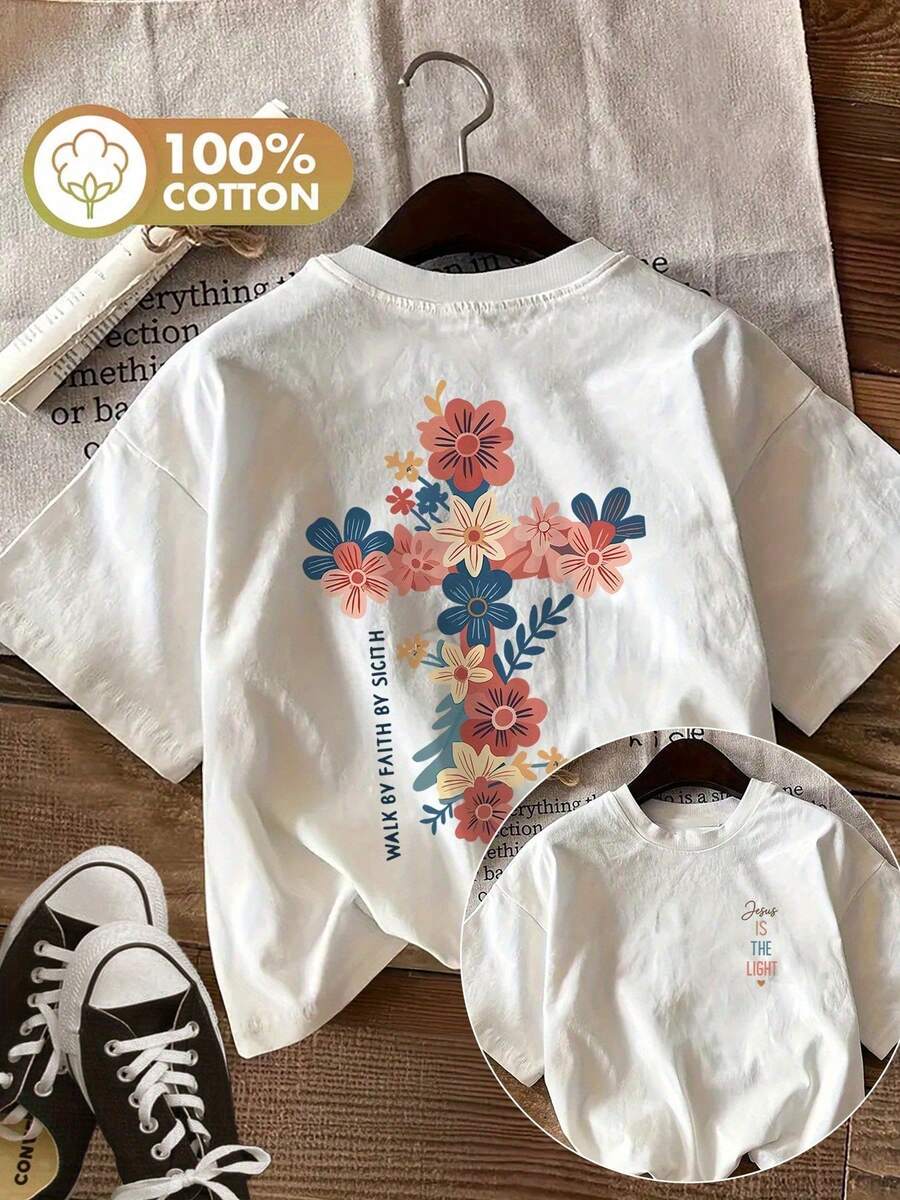 T-shirt vintage da donna, 100% cotone, stampa floreale a croce su entrambi i lati con la scritta "Walk By Faith", girocollo, maniche corte, ideale per la primavera e l'estate. - Bianco - Visualizzare 1