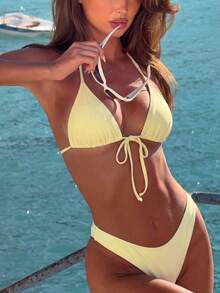 Summer Women's Solid Color Bikini Two-Piece Swimsuit Set, Halter Neck Tie Backless Swimsuit, Fashionable Sexy Bikini Swimsuit, Elegant Women's Beach Swimsuit, Suitable For Beach Vacation, Music Festival Party, Graduation Season And Other Occasions - Multicolor - View 2
