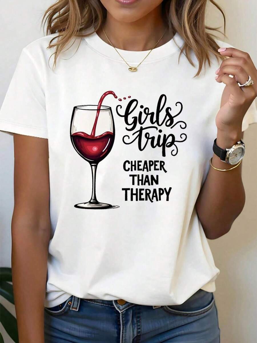 Camiseta con estampado de texto "T Cheaper Than Therapy" | Blusa de manga corta y cuello redondo casual para mujer, tempor de primavera/verano