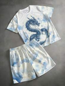 Men's Street Casual Minimalist Series "Dragon & Auspicious Clouds" Pattern Sports Set - Polyester Knit Fabric, Round Neck Design, Drawstring Shorts, Pocket Details, Regular Fit, Suitable For Plus Size - Baby Blue - View 2