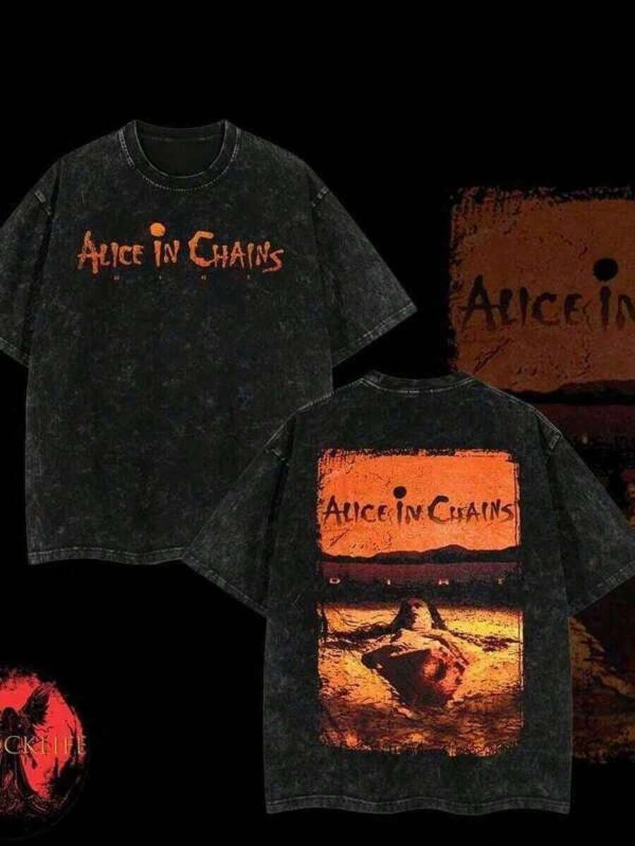 Camiseta estampada, camisetas de algodón con gráficos, talla grande, cuello redondo de dibujos animados, manga corta, 1 pieza, camiseta retro vintage de Alice In Chains - DirtAlbum Tracklist - Negro - Ver 1